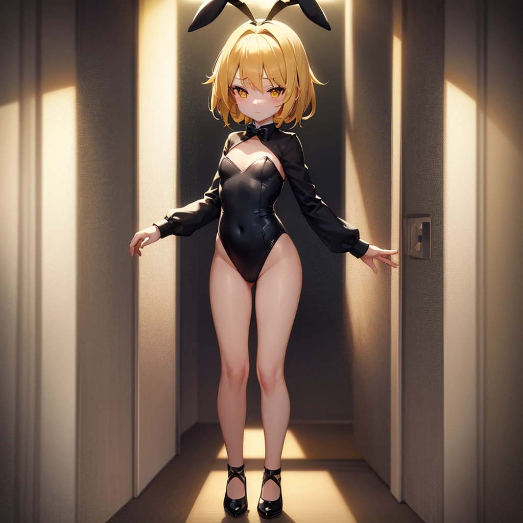 (Bunny girl),(Revealing clothing),Cute  ,Tiny ,Small ,Childish face, Very fine clean face,Top quality,Straight Hair,Yellow hair,(Dark Room), Subtle light, Natural light,Soft lighting,Light from directly behind, (Are standing),Front view,Black background