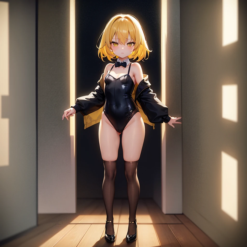 (Bunny girl),(Revealing clothing),Cute little ,Tiny ,Small girl,,Childish face, Very fine clean face,Top quality,Straight Hair,Yellow hair,(Dark Room), Subtle light, Natural light,Soft lighting,Light from directly behind, (Are standing),Front view,Black background