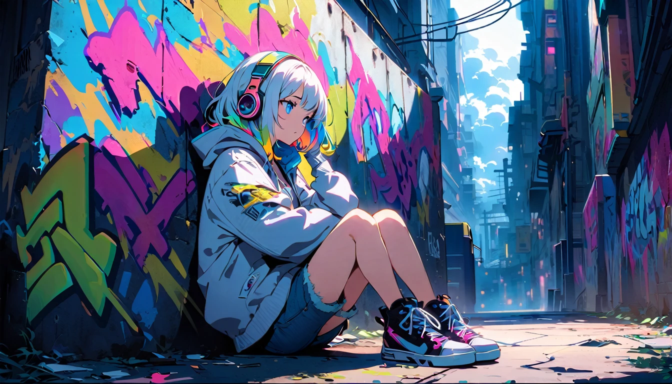 Handsome cute, Solitary, 1 female, Medium Length Hair, white hair, Rainbow hair, blue Eyes, Rainbow headphone, Futuristic, Cyberpunk, Cybernetics panoramic, in the night, looking away, Sitting,hoodie, colored hoodie, Trucker Hat, hip-hop style hooded jacket, denim shorts, Human focus, outdoor, White clouds, graffiti Popularity spray art wall panoramic,