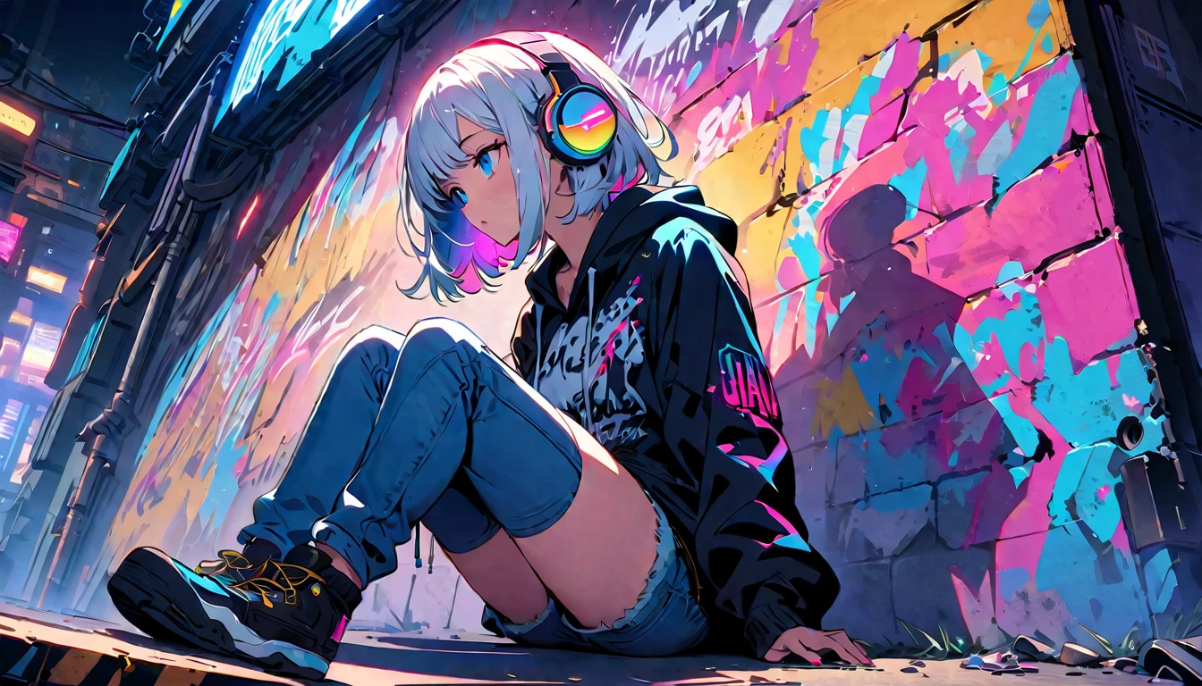 Handsome cute, Solitary, 1 female, Medium Length Hair, white hair, Rainbow hair, blue Eyes, Rainbow headphone, Futuristic, Cyberpunk, Cybernetics panoramic, in the night, looking away, Sitting,hoodie, colored hoodie, Trucker Hat, hip-hop style hooded jacket, denim shorts, Human focus, outdoor, White clouds, graffiti Popularity spray art wall panoramic,