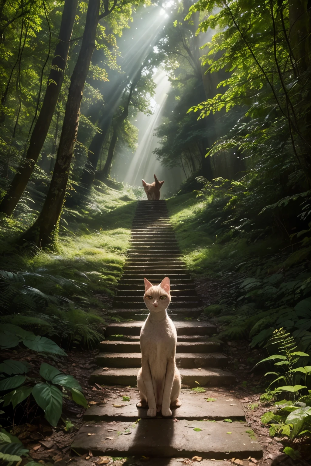 A Devon Rex cat, with its fluffy curls and mesmerizing eyes, explores a forest bathed in sunlight. Golden rays pass through the foliage, creating a magical halo around the feline. With light and curious steps, he explores every corner of the forest, as if he were in a fairy tale.