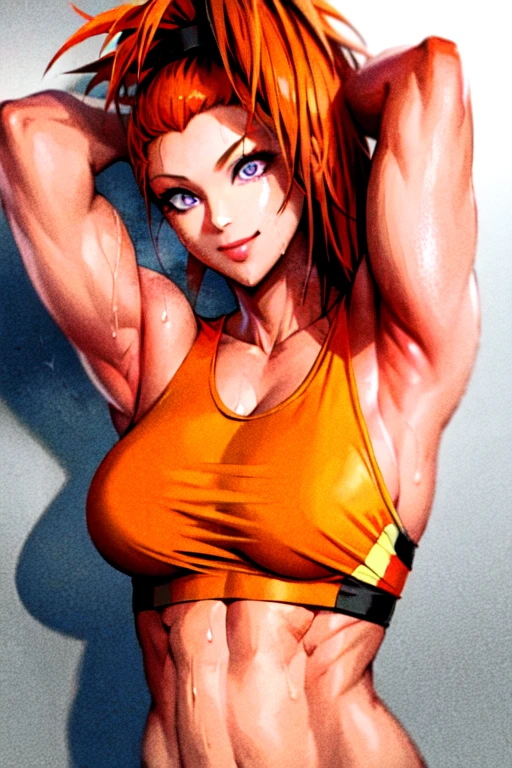 (masterpiece:1.2), (best quality:1.2), (extremely detailed:1.2), (photorealistic:1.1), (extremely detailed face), (ultra detailed), ((1girl)), smile, upper body, tank top, blue bracelet, orange hair,purple eyes,bun hair,captain_mizuki, simple background, arm behind head,armpits wet,muscle