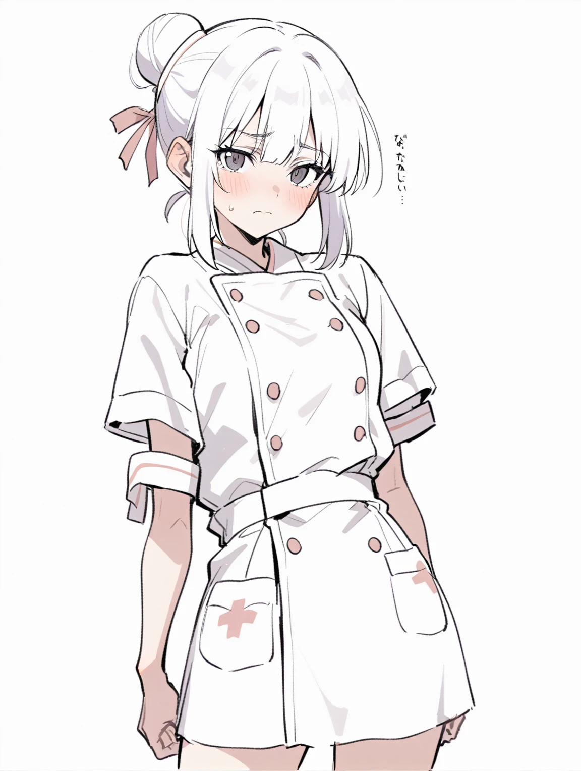 {{{sincos (sincos), girl, no human, waist-length}}}, 1 girl, nurse, wear a medical gown, waist-length, black eyes, tired face, weak facial expressions, hair tied at the back of the head in a bun, white hair, hair ivory color, stands directly towards the viewer, looking at viewer. white background, blank background.