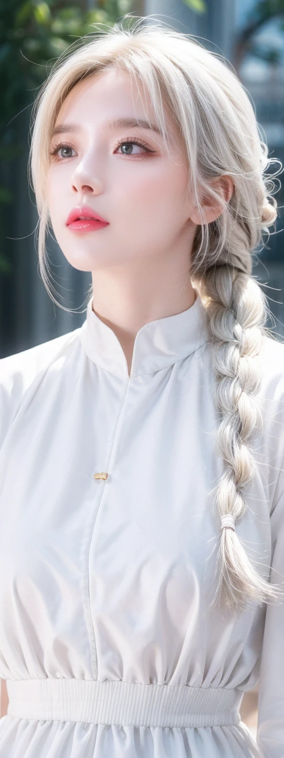 best quality, masterpiece,White hair, Golden Eyes,White clothes, look up, Upper Body,Hair,White skin,Side Braid