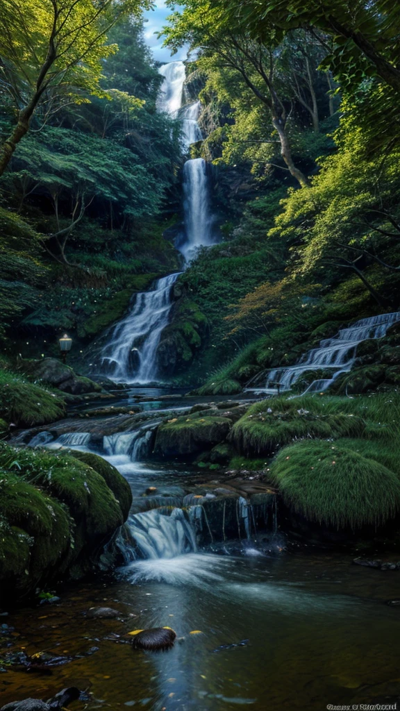 CelticLandStyle,fantasy, water, blue sky, night, glowing four-leaf clover, nature, tree, waterfall, flower, lantern ,