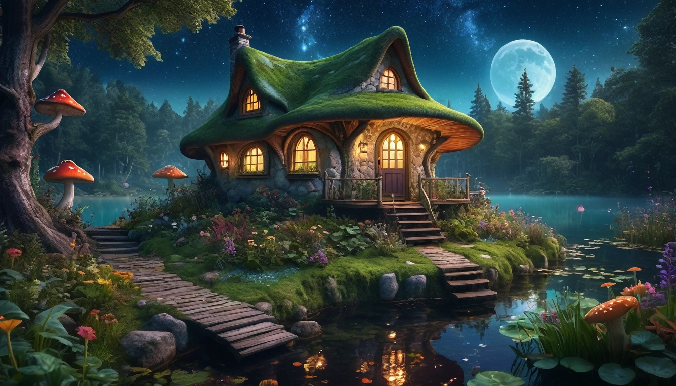 Cozy witch cottage deep in the fantasy forest, beside a serene lake under a starry night sky. The cottage has a bouncing mushroom roof, and a giant, wonderfully well-tended vegetable garden. Style similar to Milipili. Surreal, 8K, bright colors, clear and sharp images.