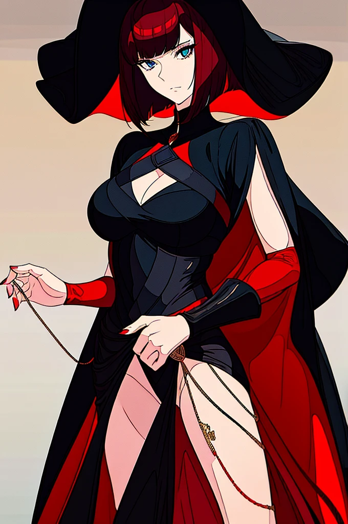 a beautiful girl with red hair wearing a black dress, detailed facial features, bob haircut, full body illustration, woman wearing a long black and red coat, solo character, white background, anime style, highly detailed, photorealistic, 8k, best quality, masterpiece, blue eyes, short hair