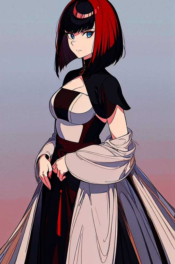 a beautiful girl with red hair wearing a black dress, detailed facial features, bob haircut, full body illustration, woman wearing a long black and red coat, solo character, white background, anime style, highly detailed, photorealistic, 8k, best quality, masterpiece, blue eyes, short hair