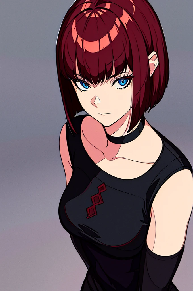 a beautiful girl with red hair wearing a black dress, detailed facial features, bob haircut, full body illustration, woman wearing a long black and red coat, solo character, white background, anime style, highly detailed, photorealistic, 8k, best quality, masterpiece, blue eyes, short hair