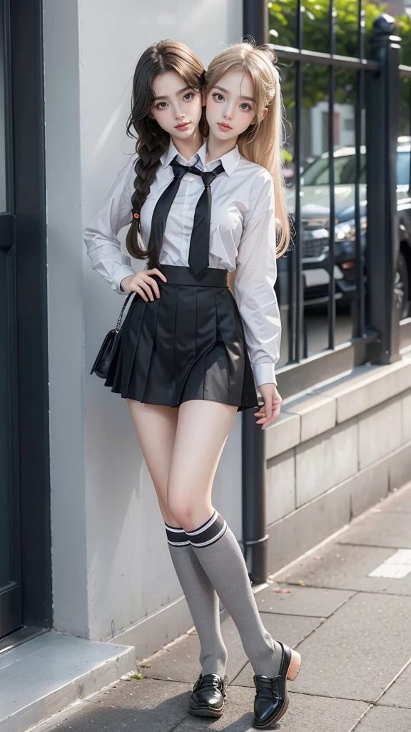 best resolution, 2 heads, Australian model girl two heads, 19 years old, youthful, wearing a white shirt and black skirt posing for a picture, teenage female, wearing a skirt and high socks, wearing , white shirt and grey skirt, girl wearing a uniform, knee high socks, school girl, dressed magical school student uniform, braided hair, blonde hair, red hair, black hair, different hair colors, full body shot
