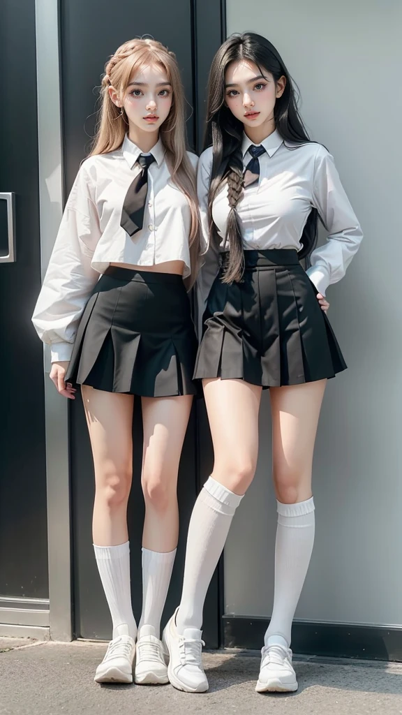 best resolution, 2 heads, Australian model girl two heads, 19 years old, youthful, wearing a white shirt and black skirt posing for a picture, age female, wearing a skirt and high socks, wearing , white shirt and grey skirt, girl wearing a uniform, knee high socks, school girl, dressed magical school student uniform, braided hair, blonde hair, red hair, black hair, different hair colors, full body shot