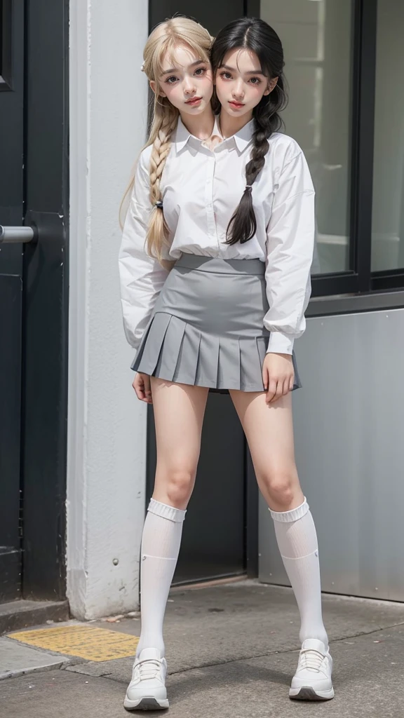 best resolution, 2 heads, Australian model girl two heads, 19 years old, youthful, wearing a white shirt and black skirt posing for a picture, teenage female, wearing a skirt and high socks, wearing , white shirt and grey skirt, girl wearing a uniform, knee high socks, school girl, dressed magical school student uniform, braided hair, blonde hair, red hair, black hair, different hair colors, full body shot