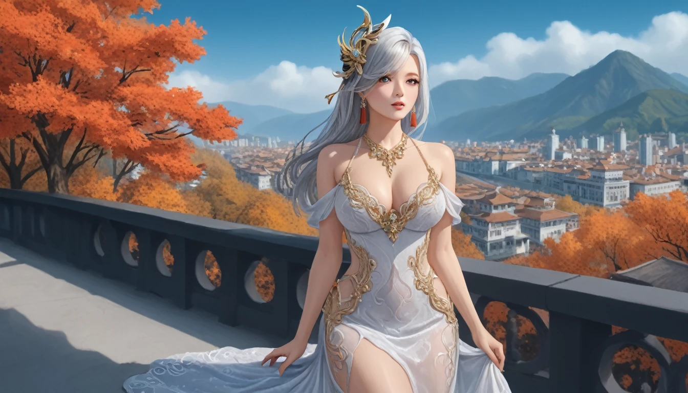 300ZX, White,Drift car parked on a street covered with fallen autumn leaves (City:1.3), fall, Global Illumination, Volumetric Lighting, best quality, Very detailed, Program Gateway, illustration, Octane Rendering, Woman in transparent dress,Viewer,(((Full breasts, Keeley University))),Slim waist,(Navel exposed,Bare waist), Long hair, extreme detailed details, Detailed fantasy art, Stunning character art, Beautiful and exquisite character art, Beautiful transparent dress, Very detailed, Girl wearing flowing Hanfu, Exquisite headpieces and jewellery,Crystal jewelry filigree, galaxy, Stunning visuals, (Dynamic Stripes, light rail:1.2), Vibrant colors,Long hair动漫女孩和狐狸, 美丽的白金色Angel女士, 白毛Angel, Beautiful character painting, Beautiful anime portrait, Angel翅膀的女孩, a beautiful Angel woman, Mystical artwork, Guweiz, by Ren Renfa, Angel, Large Breasts,Full breasts,Golden ratio figure,Perfect body,Ultra wide-angle shooting,Full body shot,Body close-up,Full body shot,Wearing a pleated tulle skirt,柔和动漫illustration, Soft dark background,Fujifilm XT3 Clear focus, f 5.6, High Detail, Clear focus, Dramatic, (Wearing openwork clothing), (Looking at the audience:1.8), (Natural light), (Tempting)translucent, Good velvet quality, Compared, Divine Light,, Silver gray hair, Sky background, Absolute Strength,女性Angel,Girl in sexy silk,,Large Breasts,Full breasts,Golden ratio figure,Perfect body,Ultra wide-angle shooting,Full body shot,Body close-up,Full body shot, Wearing a tulle dress, Model shooting style, Large Breasts,Full breasts,Golden ratio figure,Perfect body,(Extremely detailed CG 8k wallpaper unit), The most beautiful artistic photos in the world, , 8K Ultra HD, ) On the big white bed,Lazy gesture,Charming and seductive expression,best quality,masterpiece,Ultra-high resolution,(Practical:1.4),original photo,Ultra-high resolution,White skin,Exquisite makeup,Long legs,Bright beautiful eyes,用深色眼影打造Exquisite makeup,