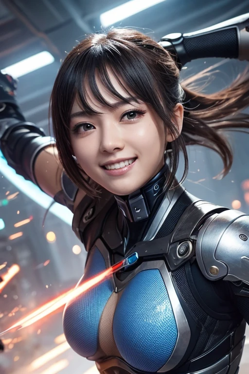 Two people fighting、men and women、cyborg、Motorball、stylish、ダマスカスblade、blade、bare hands、Slap、Overhead、8K、Extremely detailed、Extremely vivid、Complex composition、Speed、High Speed Battle、Fearless smile、chest、big、Extremely beautiful、Extremely beautiful
