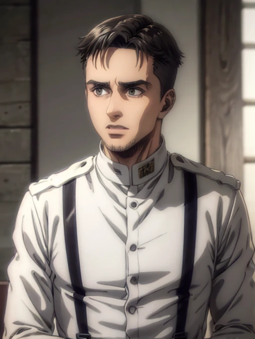 35 years old man, military hair, gray eyes, White military uniform, quartel general