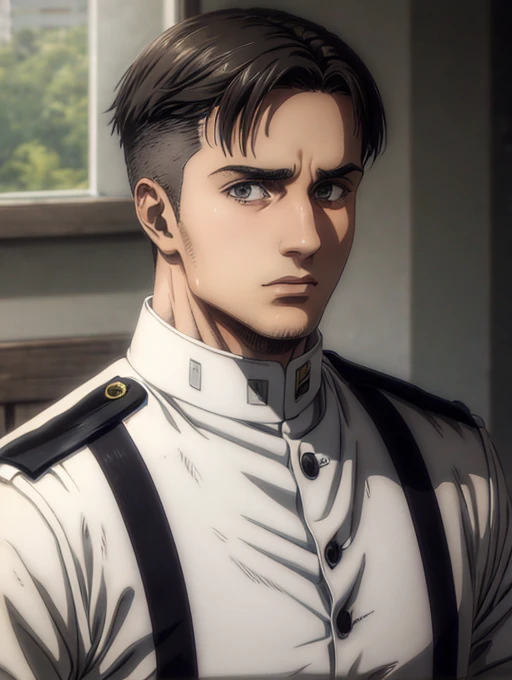 35 years old man, military hair, gray eyes, White military uniform, quartel general