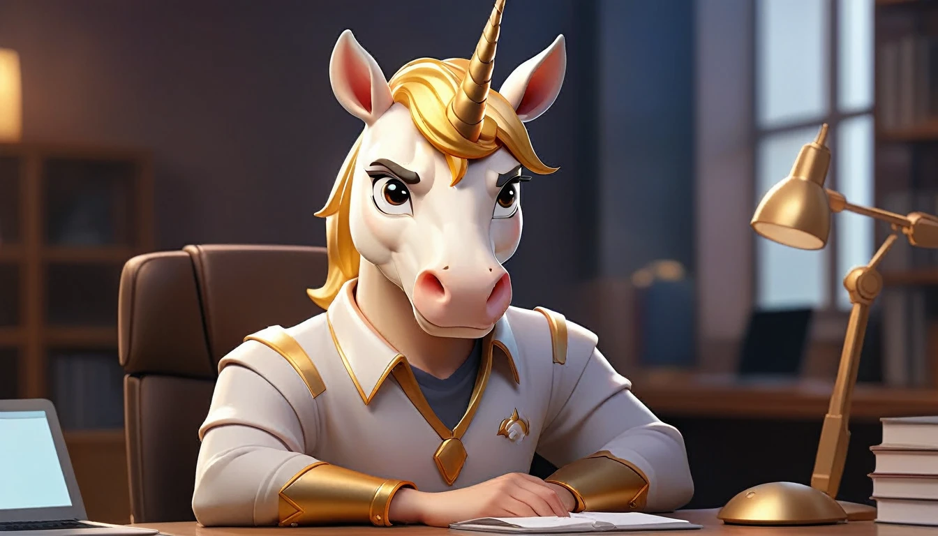 professional male anime unicorn avatar looking at camera, humanized facial features, boca, this unicorn must reflect innovation, the success, aspirations associated with startups, friendly and charismatic facial expression, large eyes, expressive. gold and silver aspects, sitting at a desk with a room background