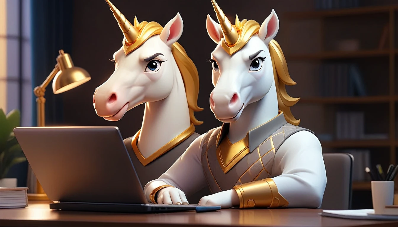 professional male anime unicorn avatar looking at camera, humanized facial features, boca, this unicorn must reflect innovation, the success, aspirations associated with startups, friendly and charismatic facial expression, large eyes, expressive. gold and silver aspects, sitting at a desk with a room background