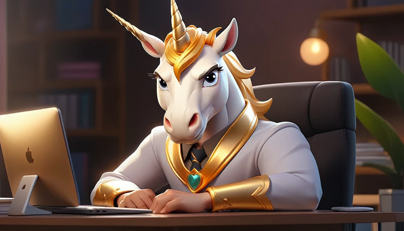 professional male anime unicorn avatar looking at camera, humanized facial features, boca, this unicorn must reflect innovation, the success, aspirations associated with startups, friendly and charismatic facial expression, large eyes, expressive. gold and silver aspects, sitting at a desk with a room background