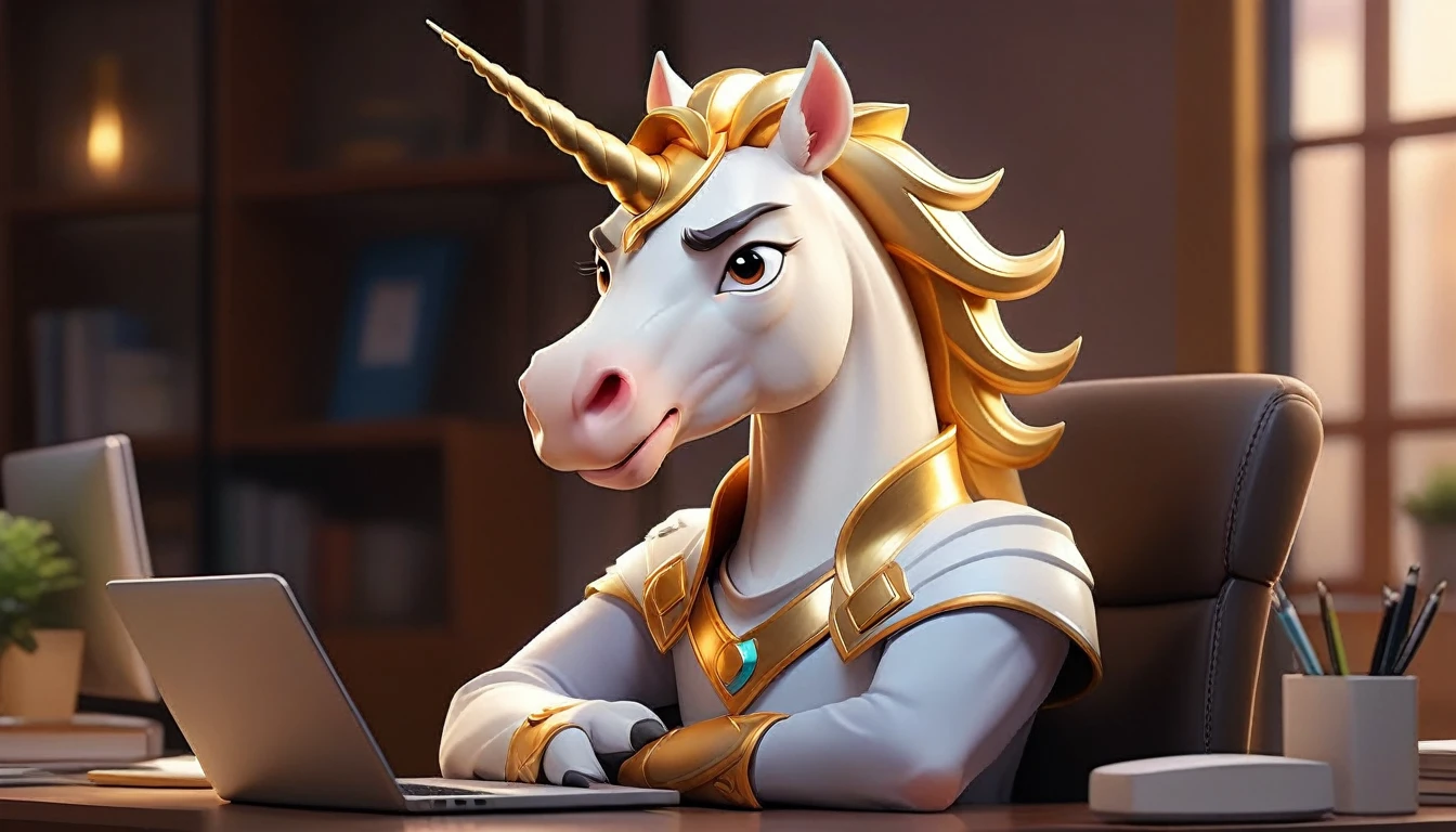 professional male anime unicorn avatar looking at camera, humanized facial features, boca, this unicorn must reflect innovation, the success, aspirations associated with startups, friendly and charismatic facial expression, large eyes, expressive. gold and silver aspects, sitting at a desk with a room background