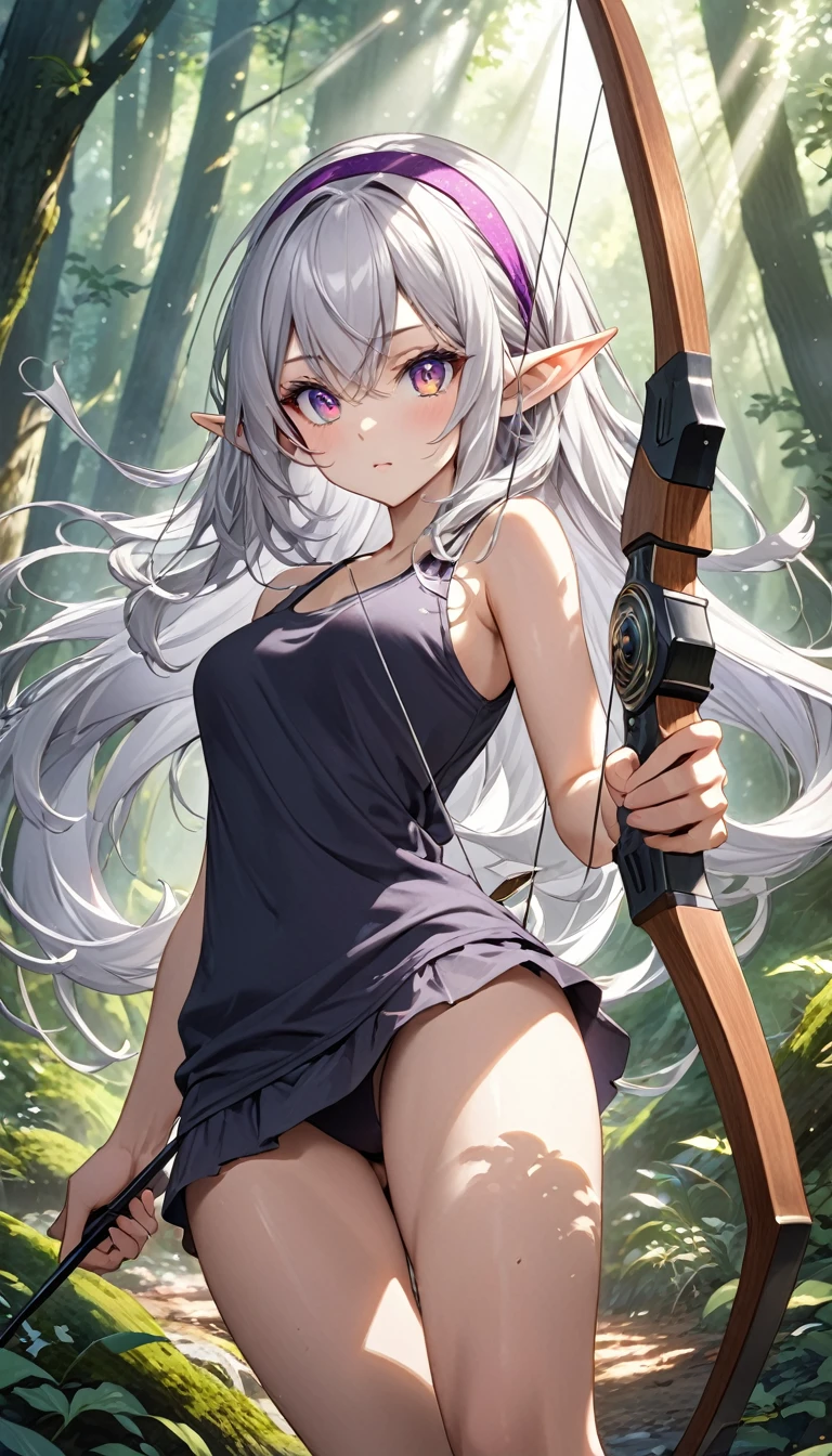 ((silver hair)), highly detailed face and eyes, very long hair, jewelry, purple hairband, long pointy ears, anime, masterpiece, textured skin, (super detail), award winning, (best quality), elf, in forest, Sunbeams filtering through the trees, (Tank top), whole body, beautiful legs, hunting, bow and arrow, eyeball, tsurime, multicolored eyes