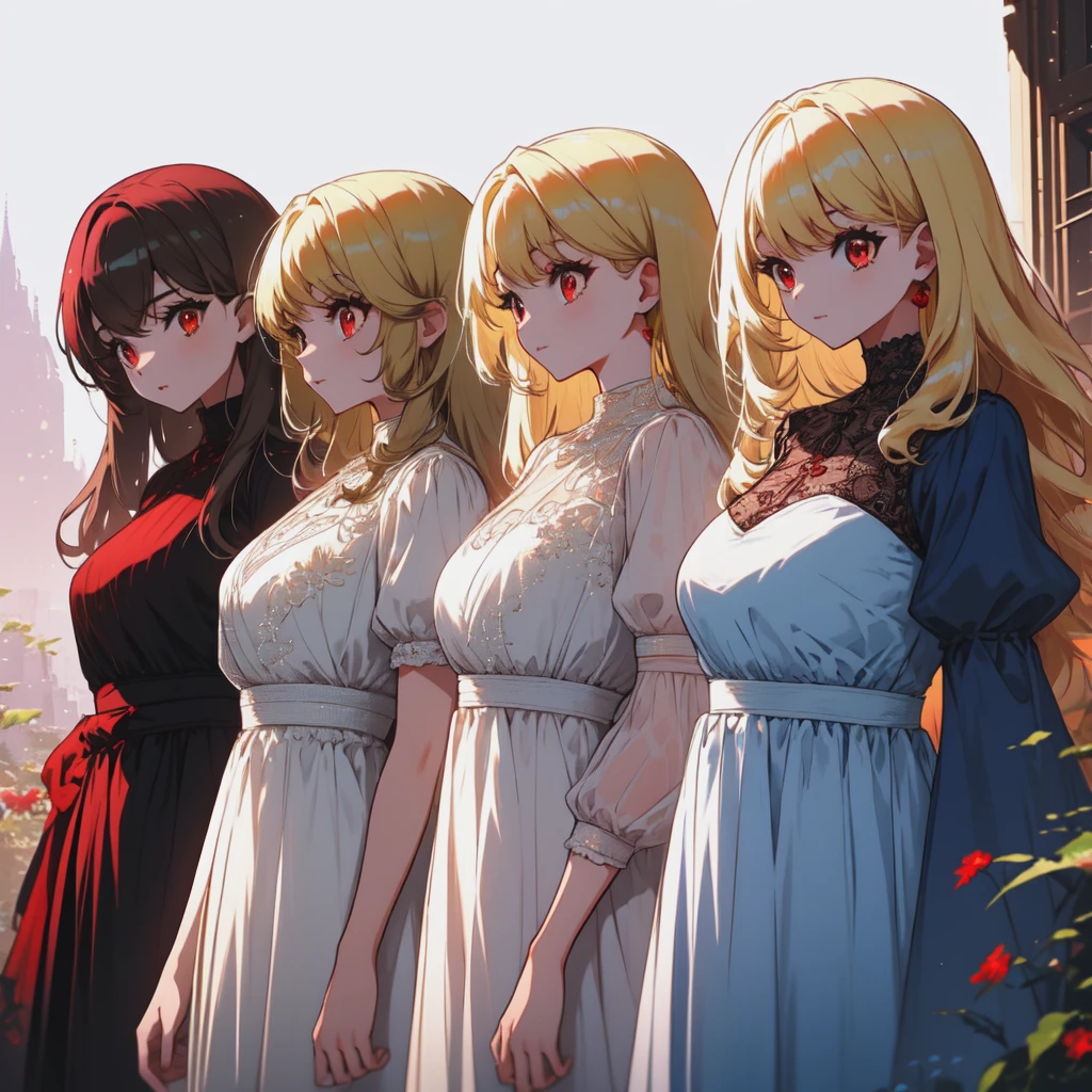 3 beautiful girls with blond hair and red eyes, medium  and dresses, lined up side by side