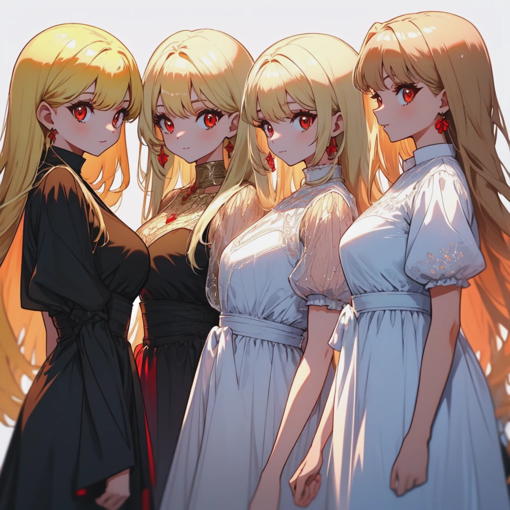 3 beautiful girls with blond hair and red eyes, medium and dresses, lined up side by side