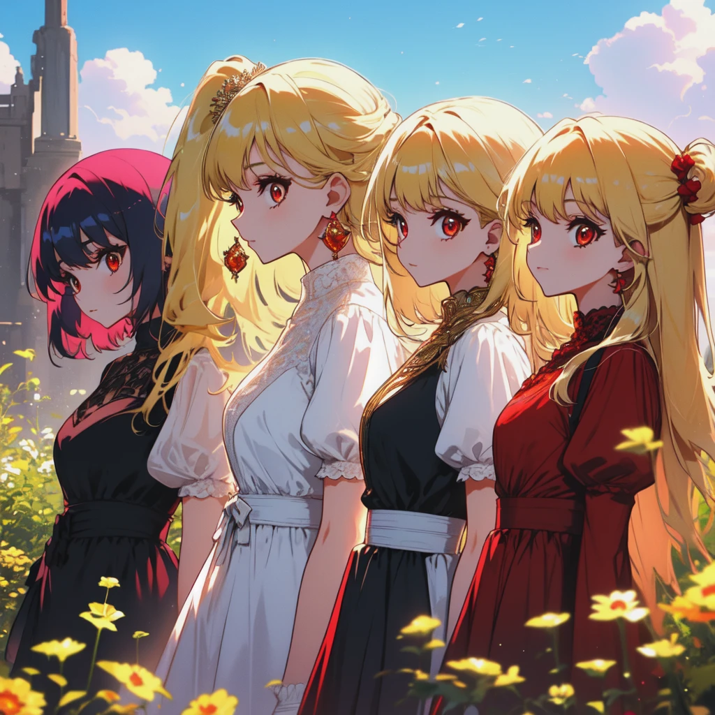 3 beautiful girls with blond hair and red eyes, medium and dresses, lined up side by side