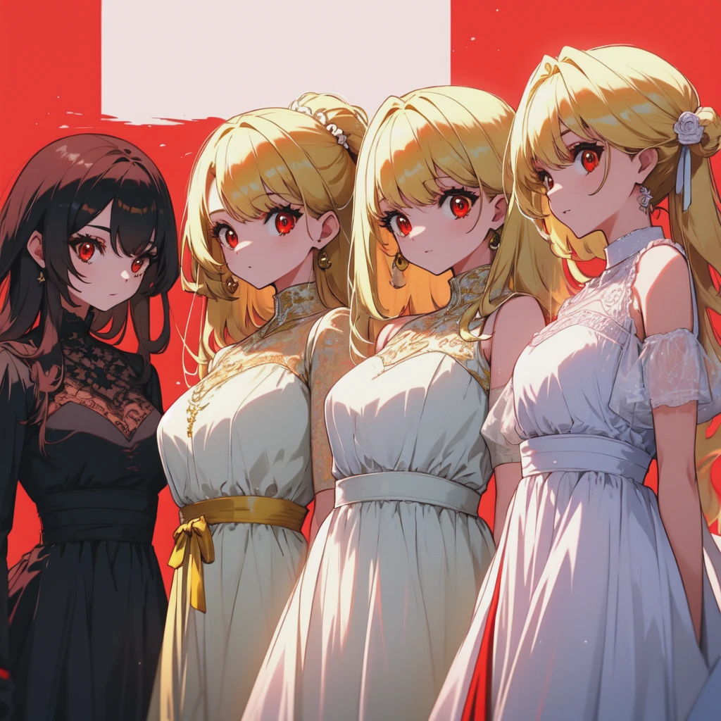 3 beautiful girls with blond hair and red eyes, medium  and dresses, lined up side by side