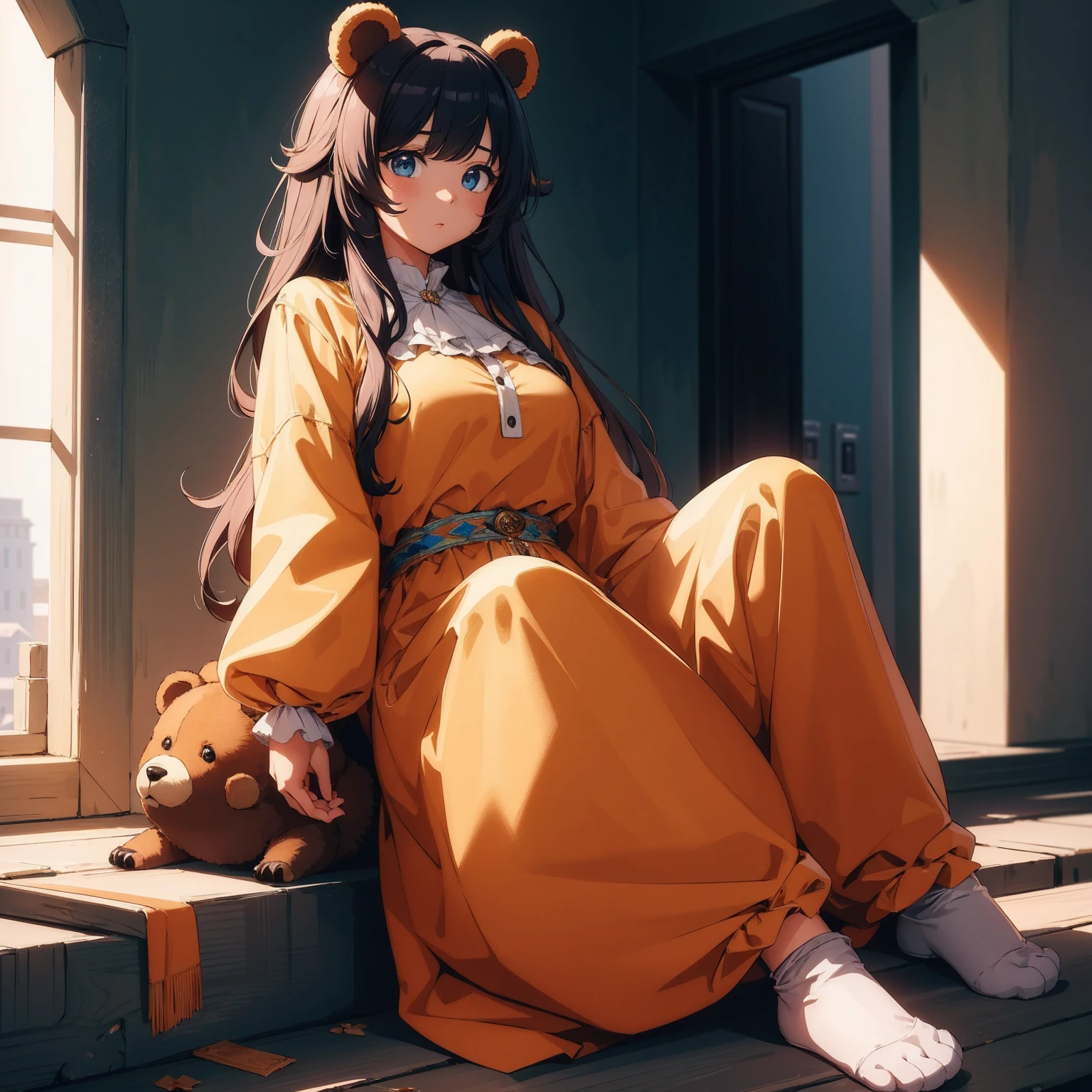 (masterpiece:1.4), (Highest quality:1.4), Very detailed, Complex, Super detailed, (Perfect Face), figure,Soft lighting, full_body, One girl, Lonely, For hair, colorful, Colorized, from_On top of that ,bear_Costumes , prison