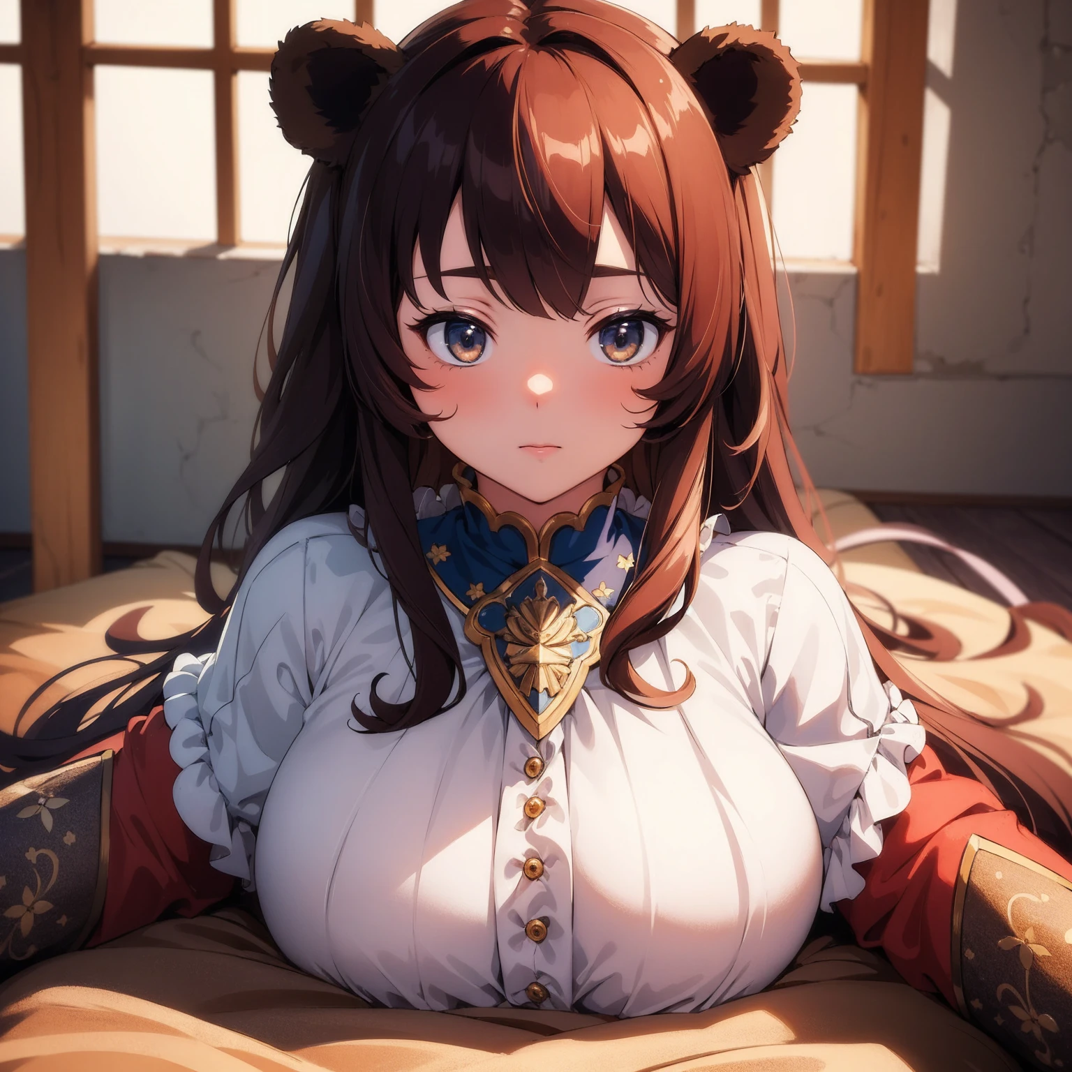 (masterpiece:1.4), (Highest quality:1.4), Very detailed, Complex, Super detailed, (Perfect Face), figure,Soft lighting, full_body, One girl, Lonely, For hair, colorful, Colorized, from_On top of that ,bear_Costumes , prison