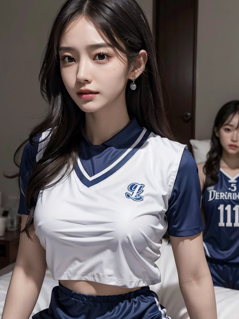 absurdres, RAW photo, extremely delicate and beautiful, masterpiece, Best Quality, ultra high resolution, 16k, hyperrealistic, ultra-detailed, Very detailed CG 8k wallpaper, Beautiful Lighting, Perfect Lightning, Realistic Shadows, perfect anatomy, super Detailed skin, perfect figure, Japanese woman, late 20s, very Slim body, narrow waist, very small head, handsome detailed woman, very detailed eyes and face, realistic face proportions, Stunning detailed eyes, Realistic beautiful face, very small face, Realistic small beautiful eyes, double eyelids, makeup, tearful mole, mole on chest, earring, bare legs, beautiful and very thin legs, beautiful and very thin thighs, (((very huge round ))), ((full body shot)), (short hair), wavy hair, ((volleyball uniform)), midriff peek, ((sleeveless)), ((yuri, 2girls)),