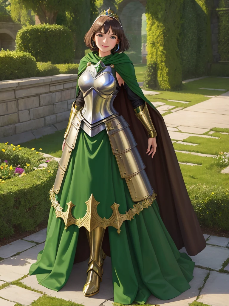 masterpiece, best quality:1.2), 1girl, smile, looking at viewer, green eyes, short brown hair, princess, armor, , pauldrons, armored dress, green cloak cape, wearing puffy blue ballgown skirt, golden tiara with green gem, armored boots, fingerless gloves, standing in medieval garden