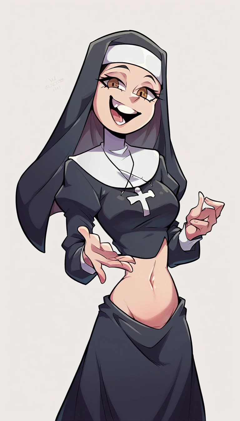 A teenage girl nun sect sexy beautiful beautiful dresses nun black Knots chest shows navel and under a black skirt long black hair her brown eyes is happy she takes out coffin Dead cemetery