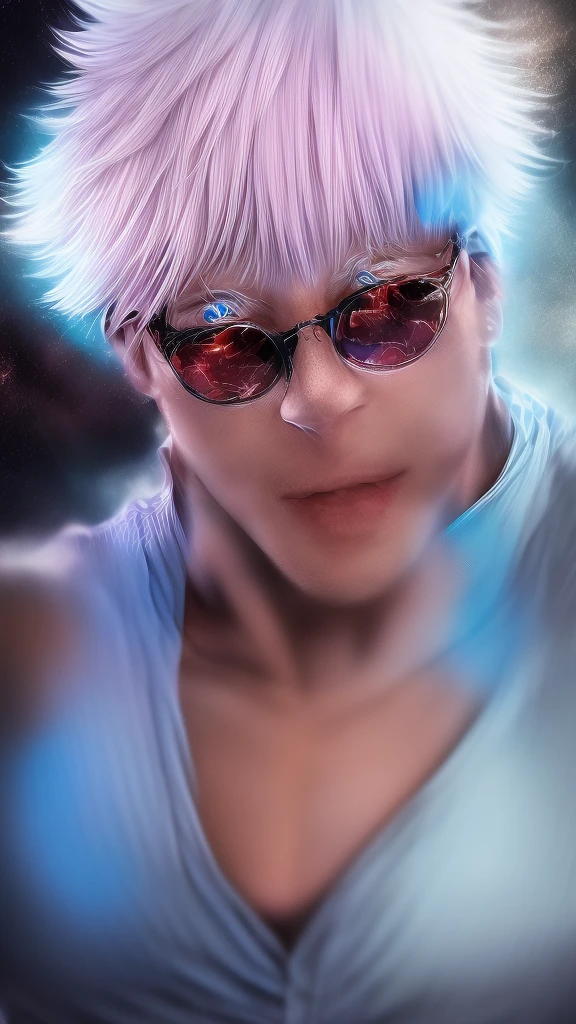 Gojo Satoru, solo, strolling through a bustling market during a cultural festival, live-action style, vibrant festival atmosphere, casually waving to someone, looking at the screen with a friendly expression, rim light on white hair, glowing blue eyes, wearing traditional festival attire with vibrant patterns and colors, highest detail, best quality