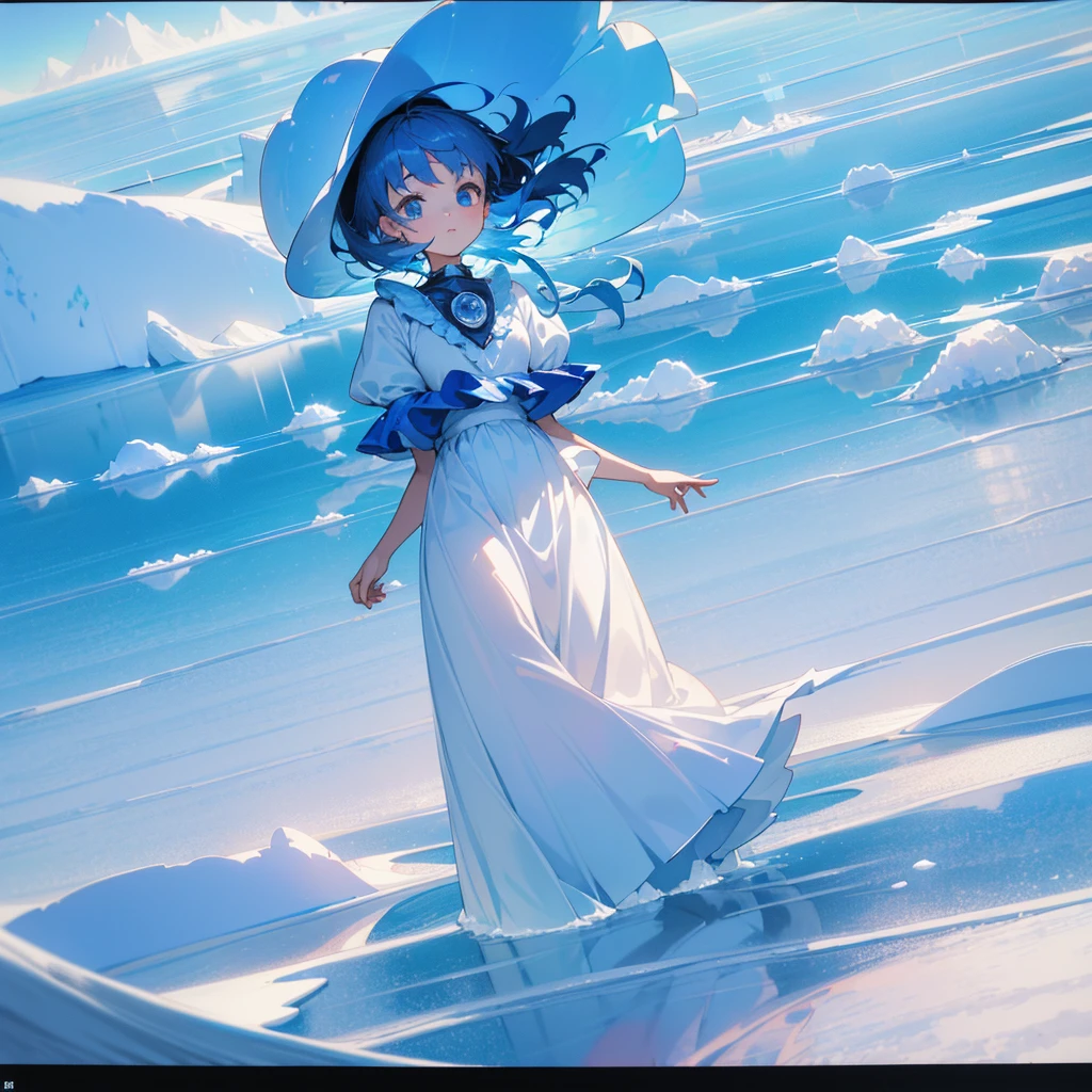 absurd, high resolution, (Official Art, beautiful and aesthetic:1.2), (myopia:1.15), (1 Girl, Blue Hair, Medium Length Hair, blue eyes, Bright Eyes, White long skirt, Blue ruffles,:1.2) Blue sky, Glittering galaxies, (Uyuni Salt Flats:1.2), (Fractal Art:0.8), Water Effects, Ripple effect, (Flower Effect: 0.65), Lighting Effects,