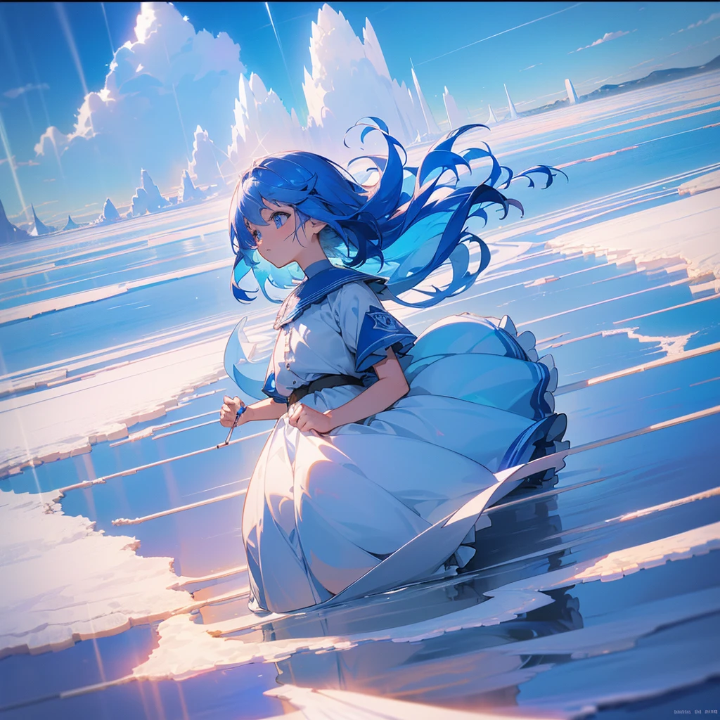absurd, high resolution, (Official Art, beautiful and aesthetic:1.2), (myopia:1.15), (1 Girl, Blue Hair, Medium Length Hair, blue eyes, Bright Eyes, White long skirt, Blue ruffles,:1.2) Blue sky, Glittering galaxies, (Uyuni Salt Flats:1.2), (Fractal Art:0.8), Water Effects, Ripple effect, (Flower Effect: 0.65), Lighting Effects,