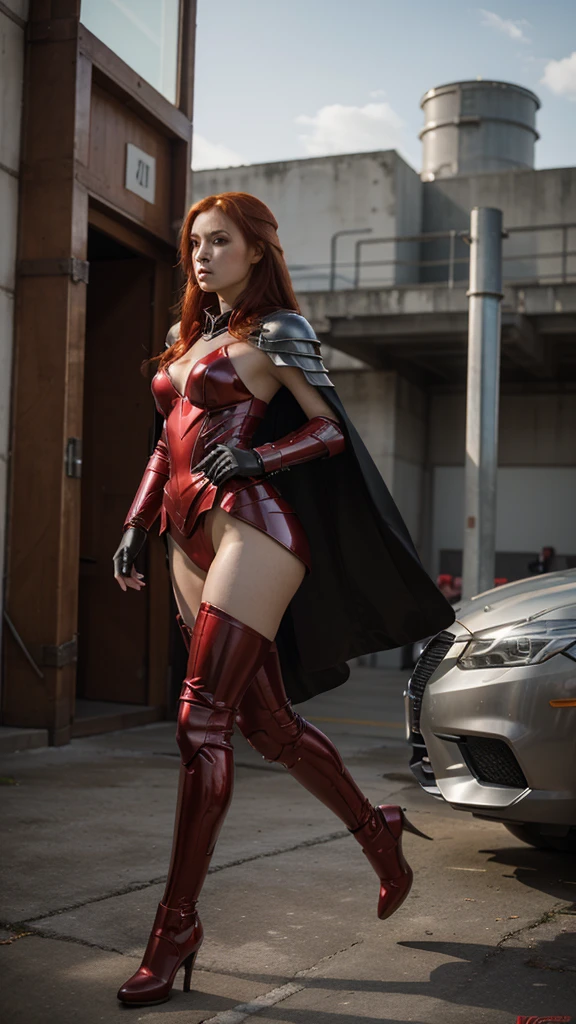 masterpiece, best quality, high resolution, full body, red hair, cyber metal armor, elegant, side shot, cape looking to side, metal gloves, running