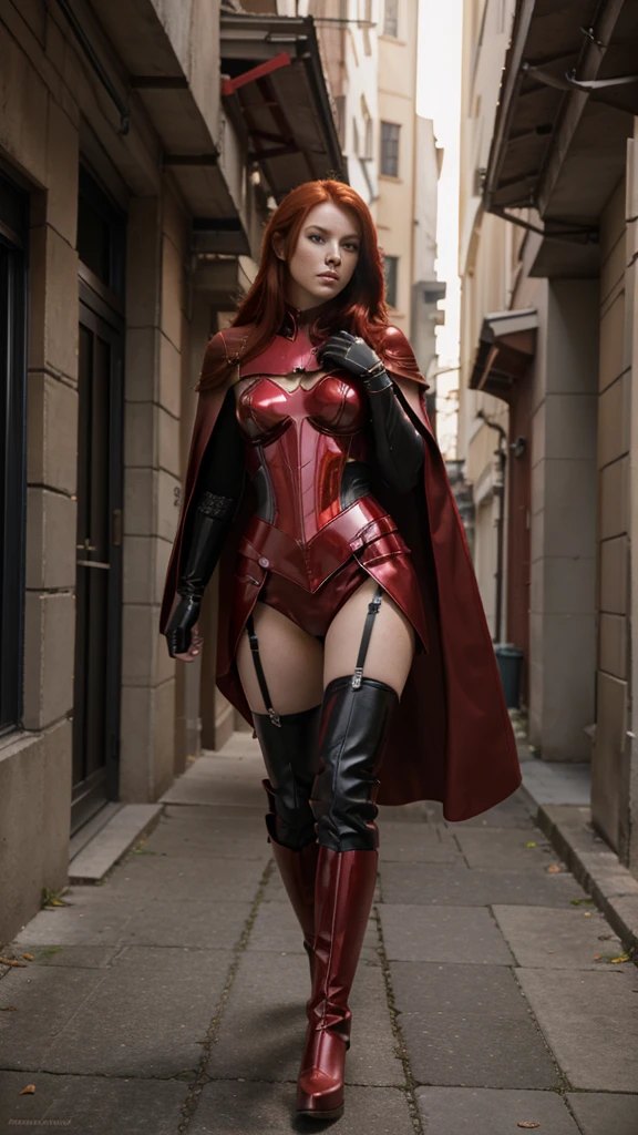 masterpiece, best quality, high resolution, full body, red hair, cyber metal armor, elegant, side shot, cape looking to side, metal gloves, running