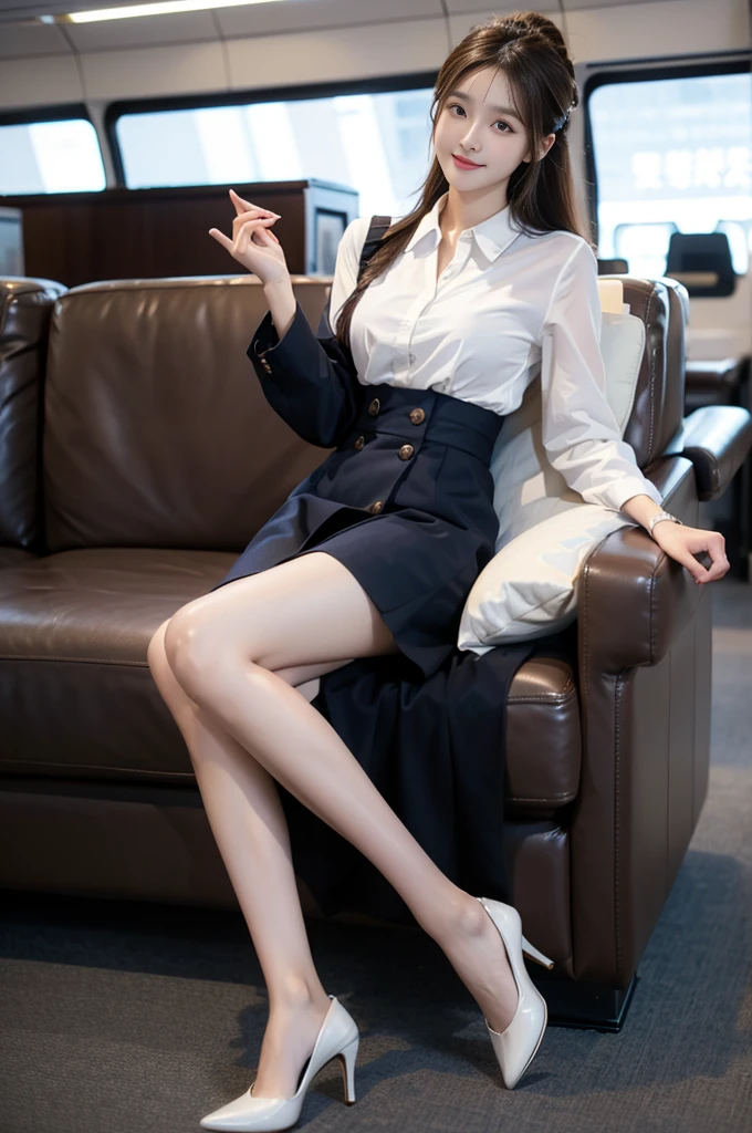 Highest quality、8K、Best image quality、Award-winning works、Korean、(2girl:1.5)、Beautiful skin with a radiant glow、masterpiece、Top quality、Ultra-high definition、Depth of Field、Lens flare、、Brown hair、Gaze at the audience、Medium chest、Airline stewardess、(Dark blue Airline stewardess suit:1.3)、shirt、Short ivory skirt、(Black YSL heels)、Perfect legs、model pose、Smile。