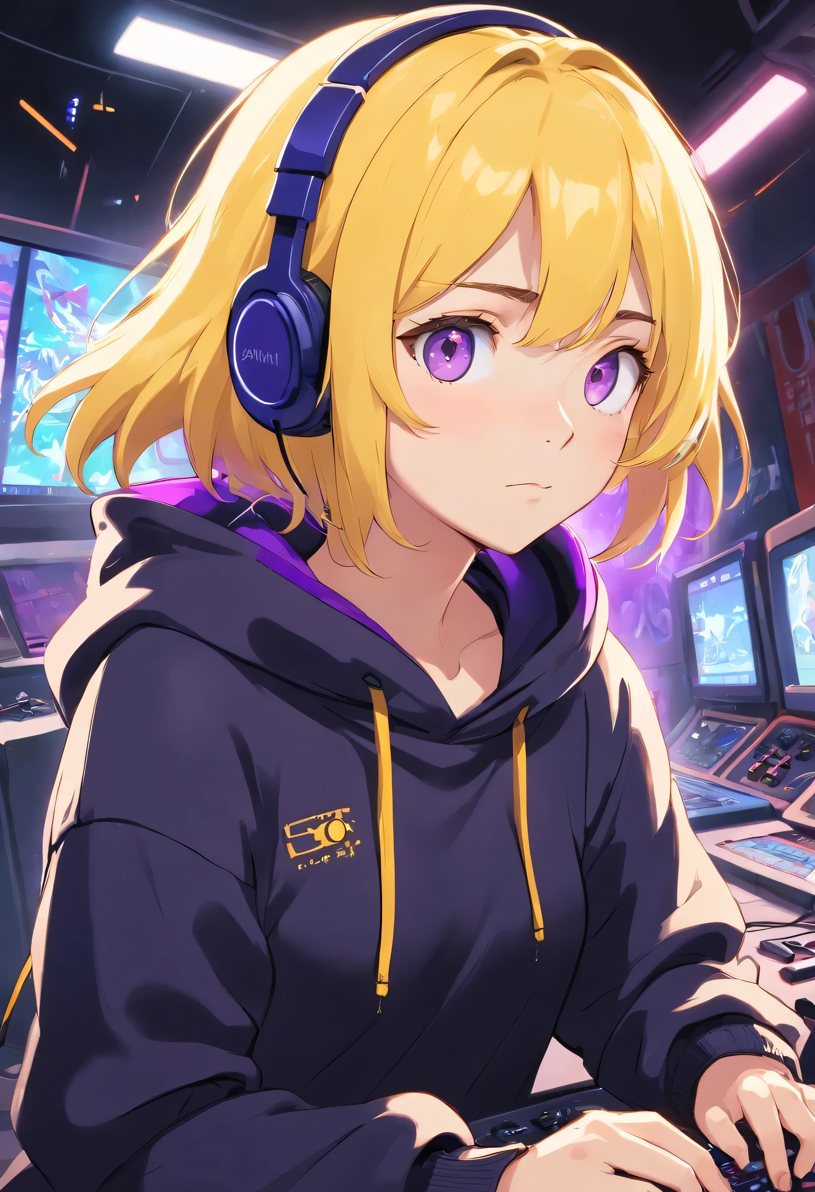 an athletic girl, flat chest, yellow hair, short messy hair, purple eyes, wearing a Black hoodie and a headset, punk, gaming, playing videogames