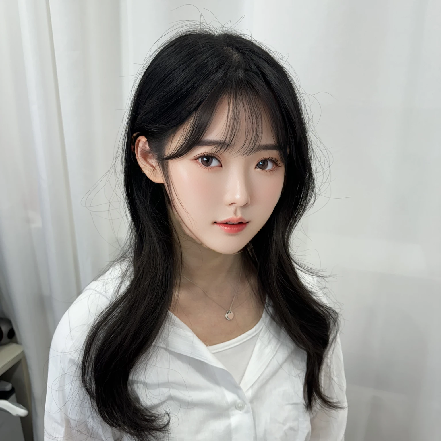 Best Quality, 8k, Masterpiece, (Portrait: 1.3), (photo realistic:1.4), (hyper realistic:1.4), Sharp Focus, looking at viewer, (smoother lighting:1.1), (increase cinematic lighting quality:0.9), realistic lighting, backlighting, light on face, ray trace, (brightening light:1.2), (Increase quality:1.4), sharp detail, (best quality real texture skin:1.4), finely detailed eyes, black_eyes, finely detailed face, 25 year old Korean woman, (white formal_shirt:1.4), (Create an image maintaining the original base model hairstyle:1.5)