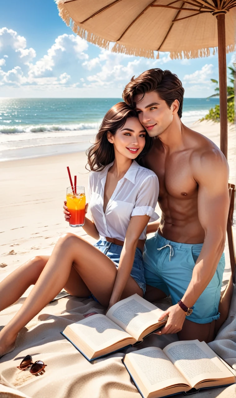 Beautiful couple on the beach, with books and drinks 
