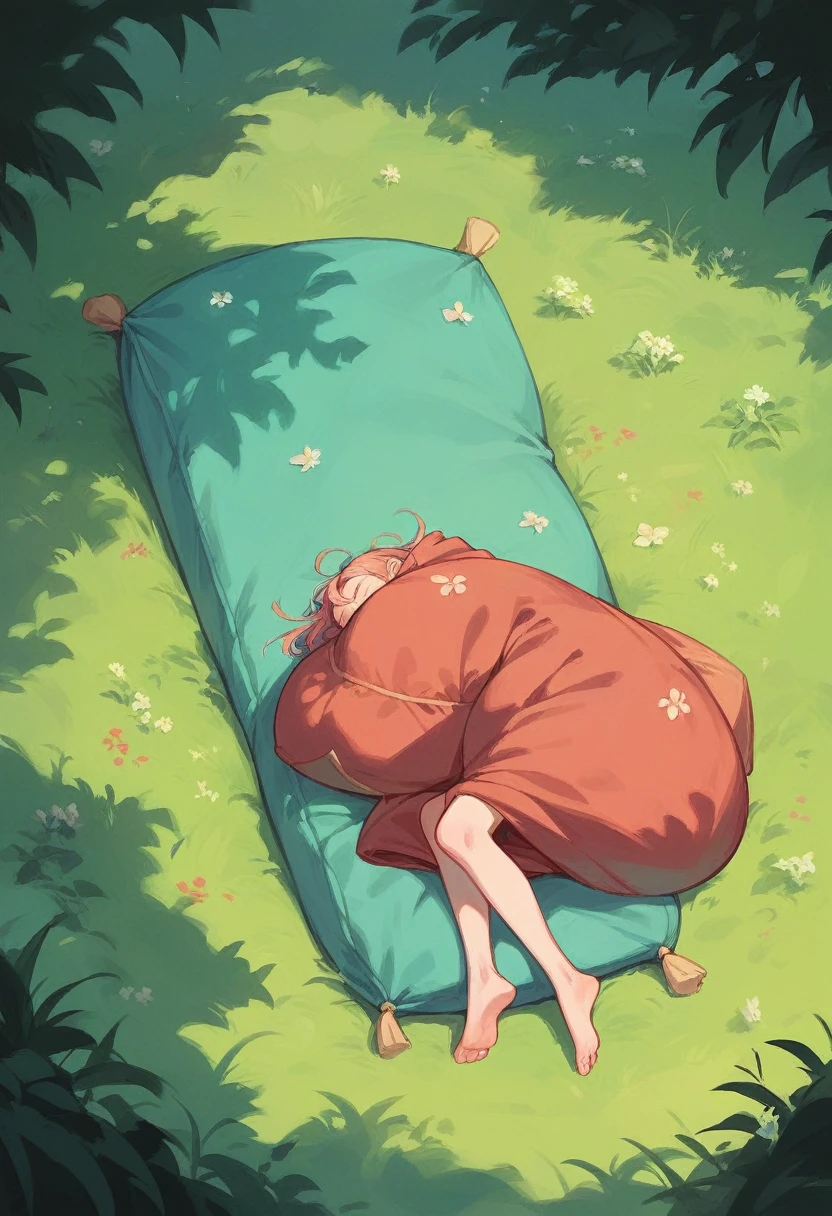 A girl lies in a red sleeping bag on the edge of the forest