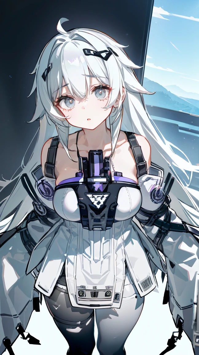 （Vtuber Standing Pictures）、（Standing picture on the front）、Large Breasts、Creampie、naked、1girl,  bedazzling eye, exposed ,white hair, long hair, grey eyes, white dress, suspenders, bare shoulders, detached sleeves, sleeves past fingers, gradient leggings, black pantyhose, white footwear