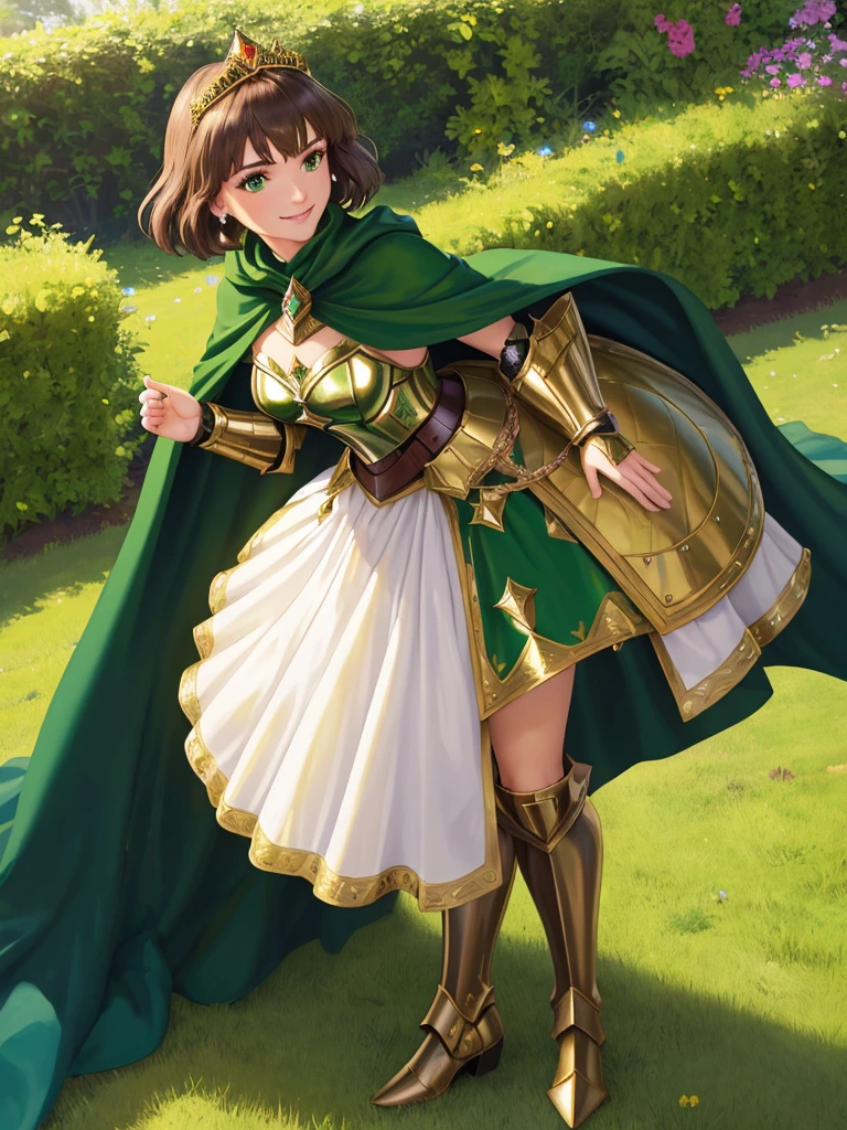 masterpiece, best quality:1.2), 1girl, smile, looking at viewer, green eyes, short brown hair, princess, armor, , pauldrons, armored dress, green cloak cape, wearing puffy blue ballgown skirt, golden tiara with green gem, armored boots, fingerless gloves, standing in medieval garden