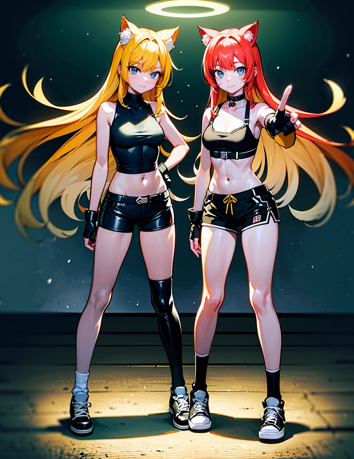 (best quality, ultra-high resolution, depth of field:1.2), (full body shot:1.2), (perfect body:1.2), (medium breasts:1.2), beautiful face, (18 years old), (cat woman), radiant eyes, (blue eyes:1.2), (beautiful smile), (yellow hair), animal ears, (fluffy cat ears), (fluffy cat tail), (stylish shorts:1.2), (fingerless gloves:1.2), (loose socks:1.2), (split-sole sneakers:1.2), (martial fighter:1.2), night time, (multiple points of views), standing, simple pose, (bioluminescence:1.2),masterpiece,score_9,score_8_up,best quality,incredibly absurdres,anime

