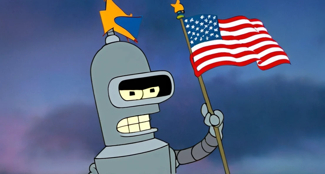 Bender holding America Flag running outside Cable in Colorado, Hanna-Barbera Style