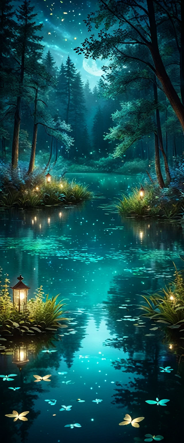 Evening Pond:1.5, ((Full shot:1.4)), ((beautiful lake at night in absolute darkness:1.5)), ((fireflies flying around illuminating the lake:1.5)), ((ultra detailed:1.5)), in the water reflects the lights of the fireflies:1.2, idyllic, dreamy, fantasy:1.3)), dark environment soft moonlight reflecting in the water, ultra-realistic 8k, portrait, highly detailed 32k digital art, beautiful work digital art, ((bluish, cyan, brown colors: 1.2)), realistic digital art in 8k, soft lighting, (( Highly detailed: 1.4), (( masterpiece )), ( Hyper detailed and beautiful: 1.3), (Photorealistic: 1.4)