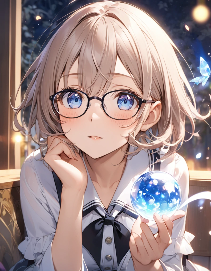 Faithfully reproduce the action of wearing glasses, Magical Moments, rest 視聴者に顔を向けて上目遣いで機嫌を伺う表情, rest, Clear and charming eyes, rest (Side dynamic shooting:1.1, Eye level shot),